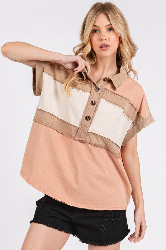 Mittoshop Mineral Washed Half Button Polo Top OutfitFlow