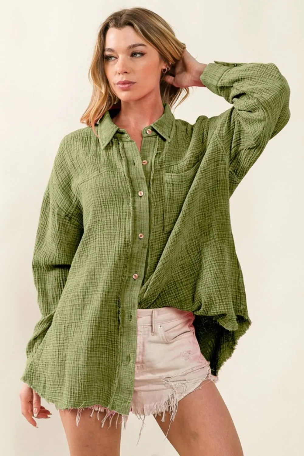 BiBi Raw Edge Detailed Mineral Washed Loose Fit Shirt VINTAGE OLIVE OutfitFlow