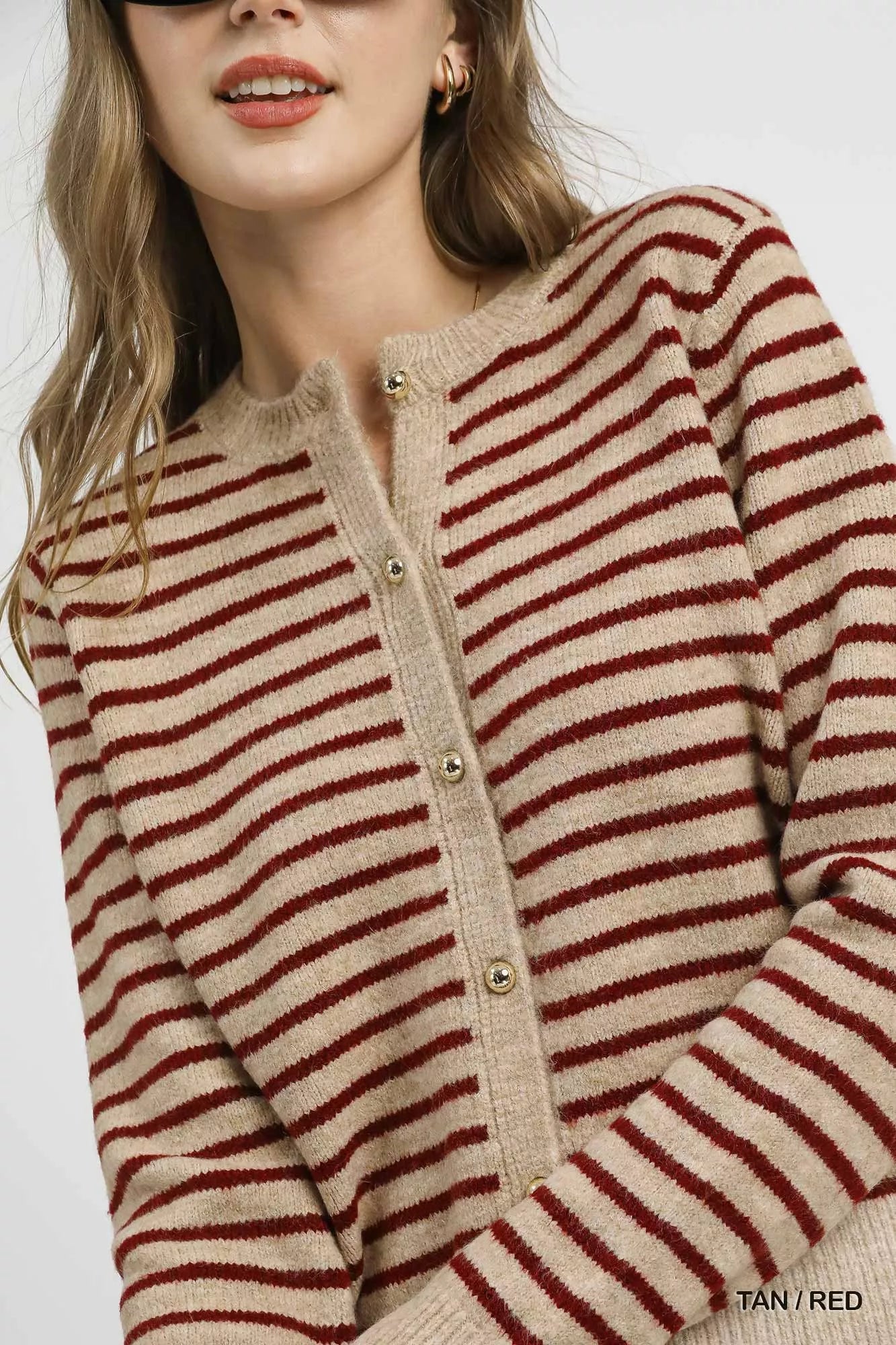 Umgee Striped Button-Up Knit Cardigan OutfitFlow