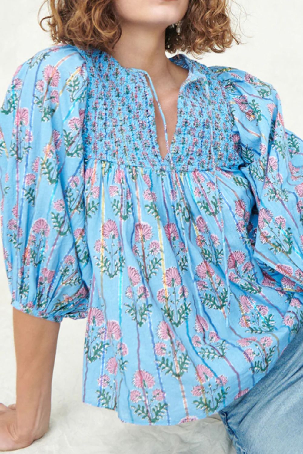 Smocked Floral Print Tie Neck Blouse