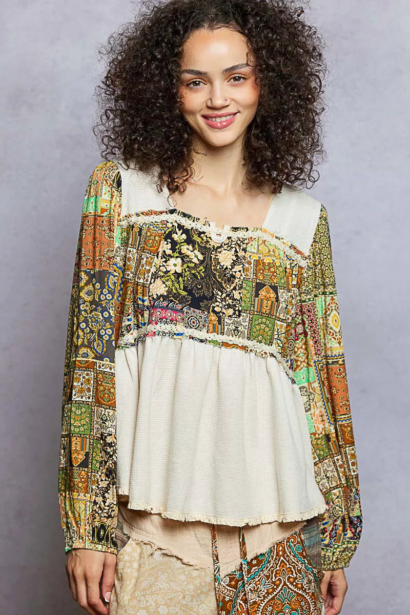 POL Balloon Sleeve Peplum Blouse with Trim Detail NATURAL OutfitFlow