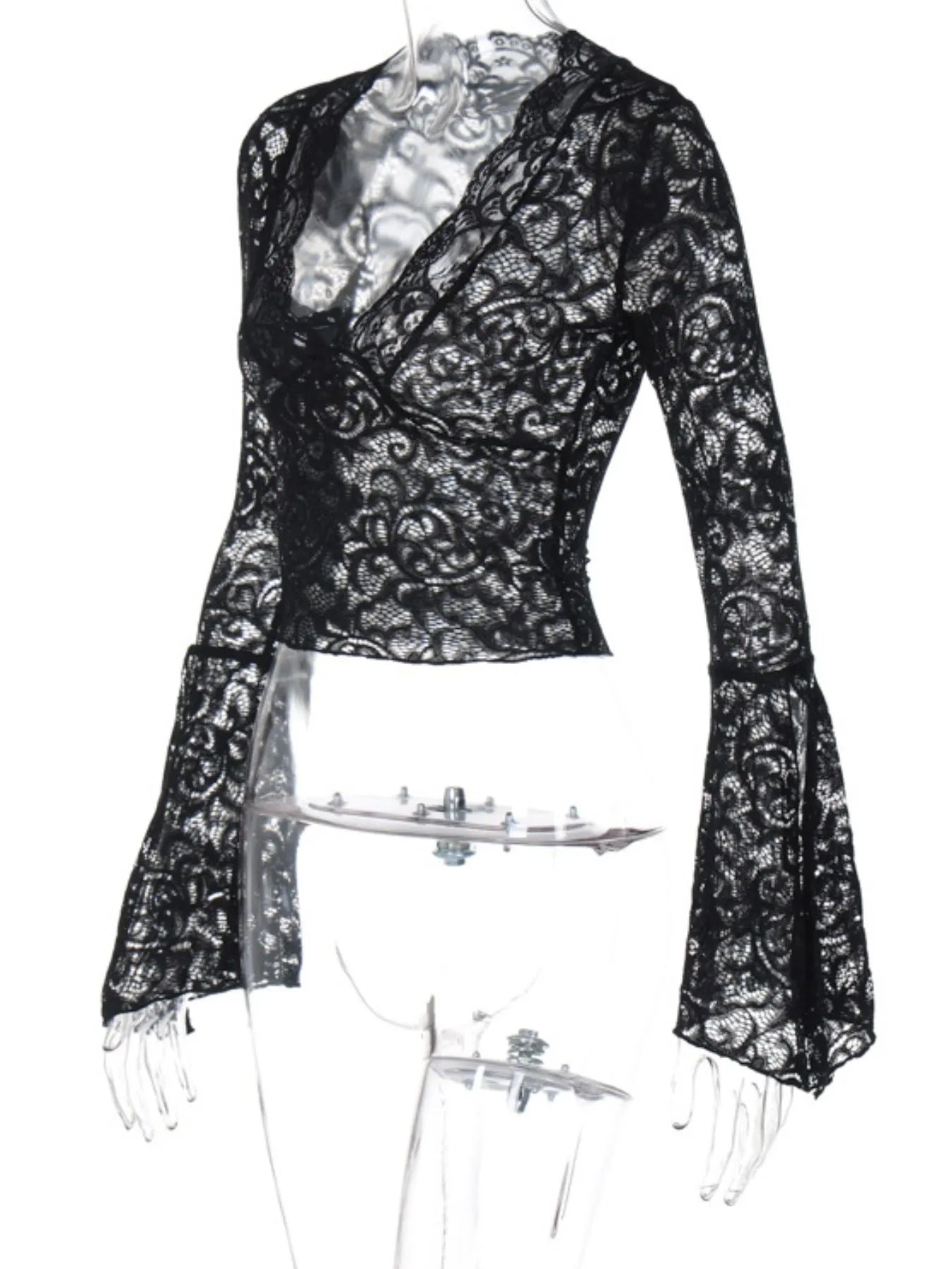 Lace Long Sleeve Deep V-Neck Blouse OutfitFlow