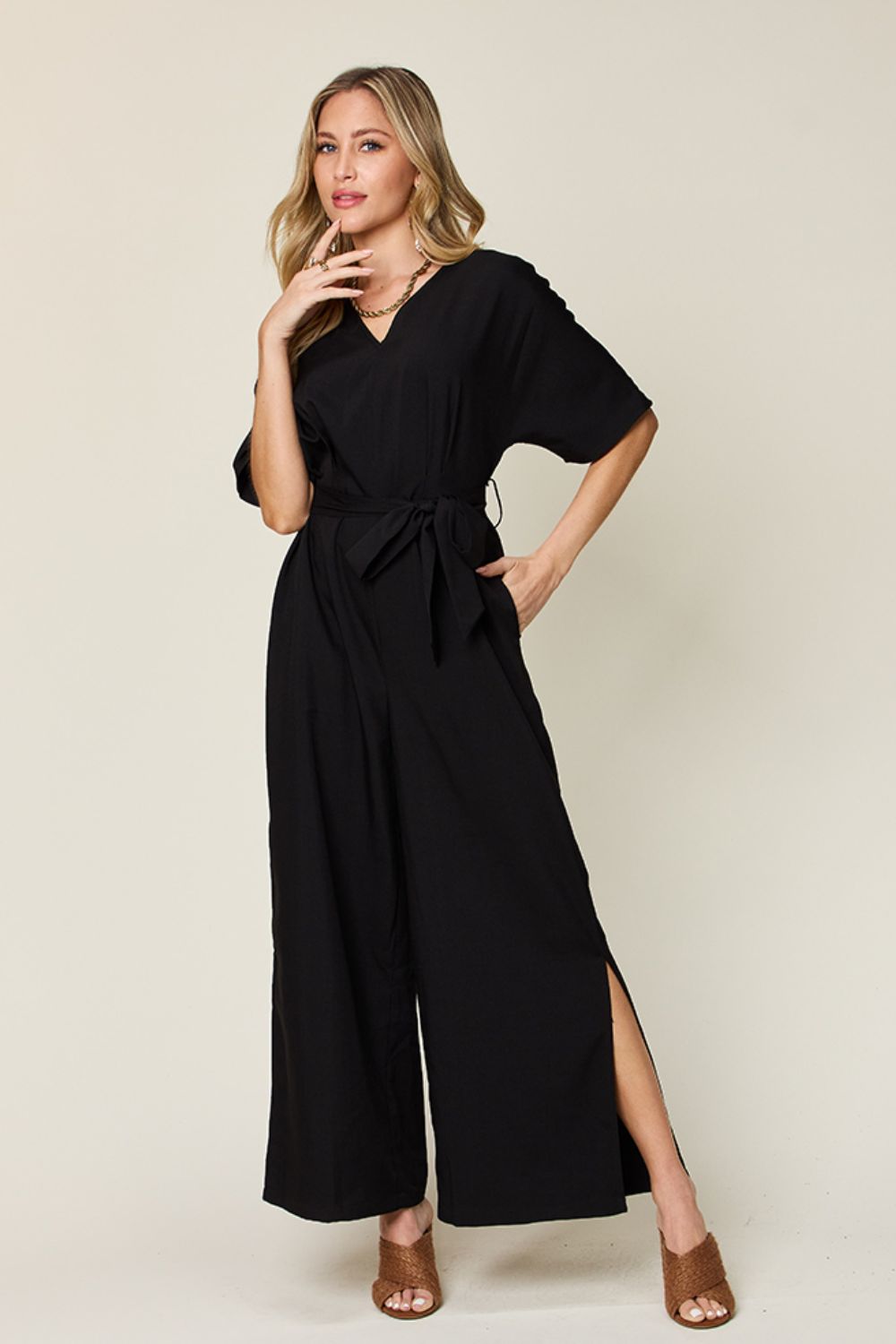 Outfit Flow - Double Take Full Size V-Neck Tied Side Slit Jumpsuit