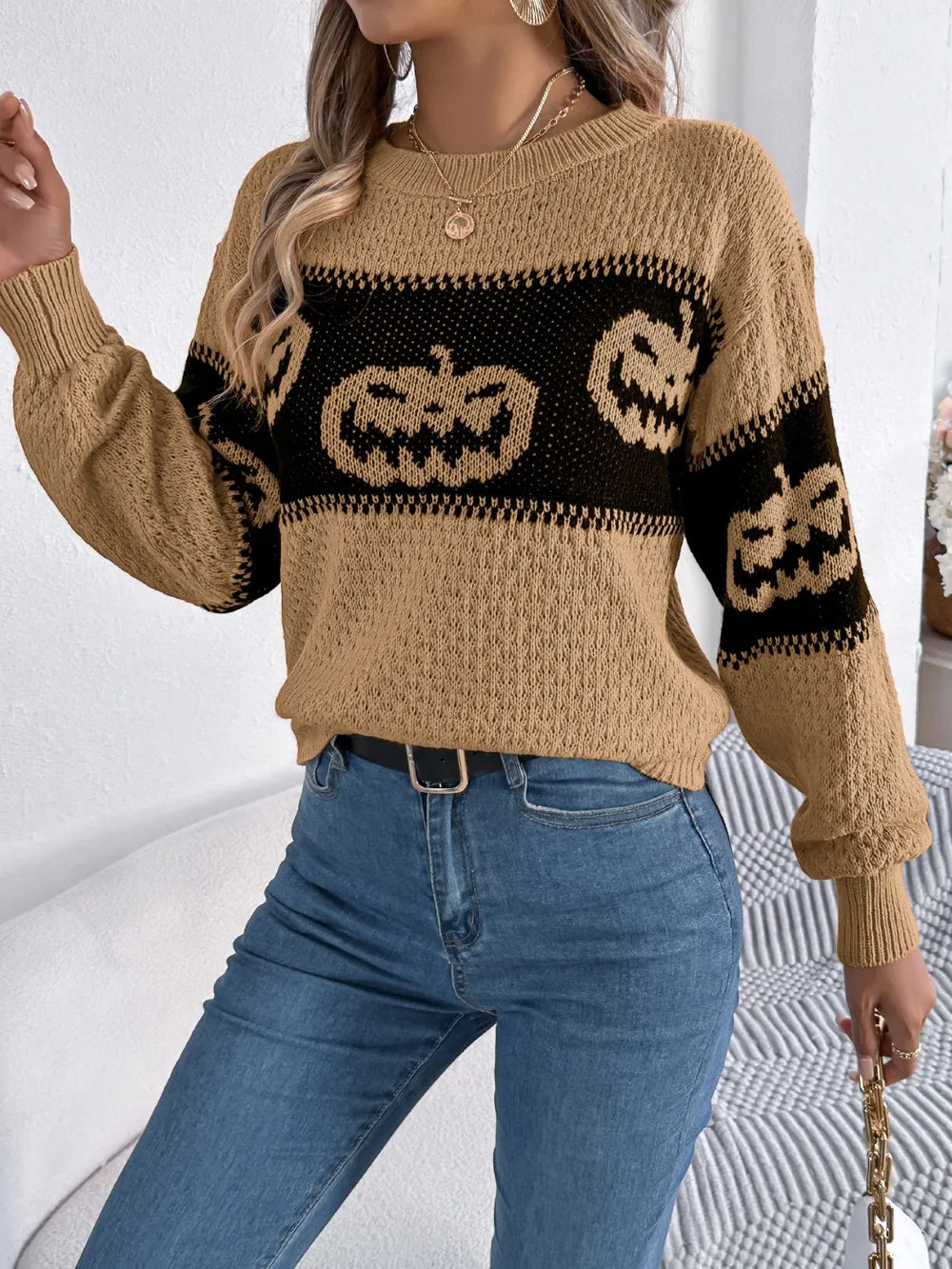 Pumpkin Round Neck Long Sleeve Sweater OutfitFlow