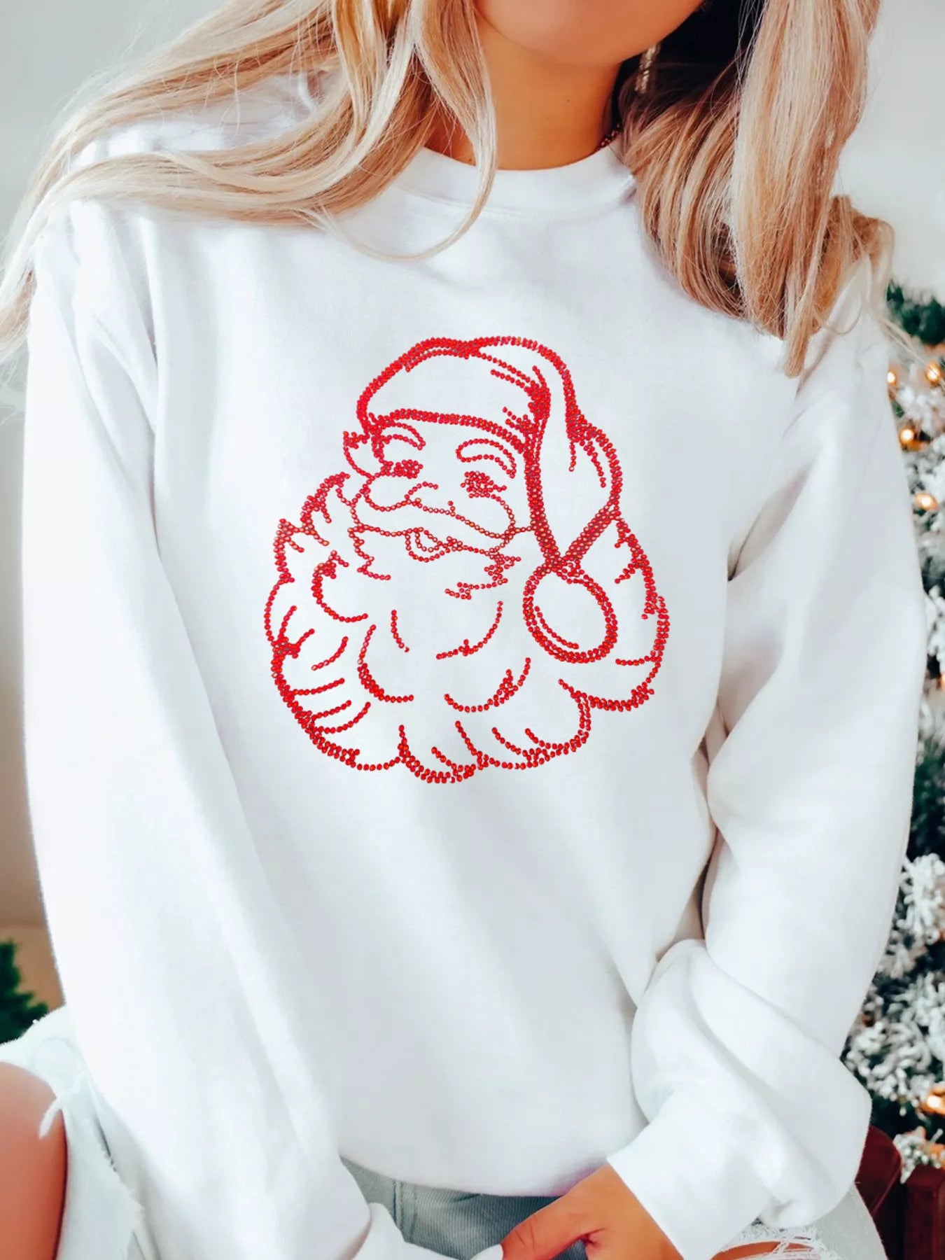 Christmas Santa Rhinestone Drop Shoulder Sweatshirt OutfitFlow