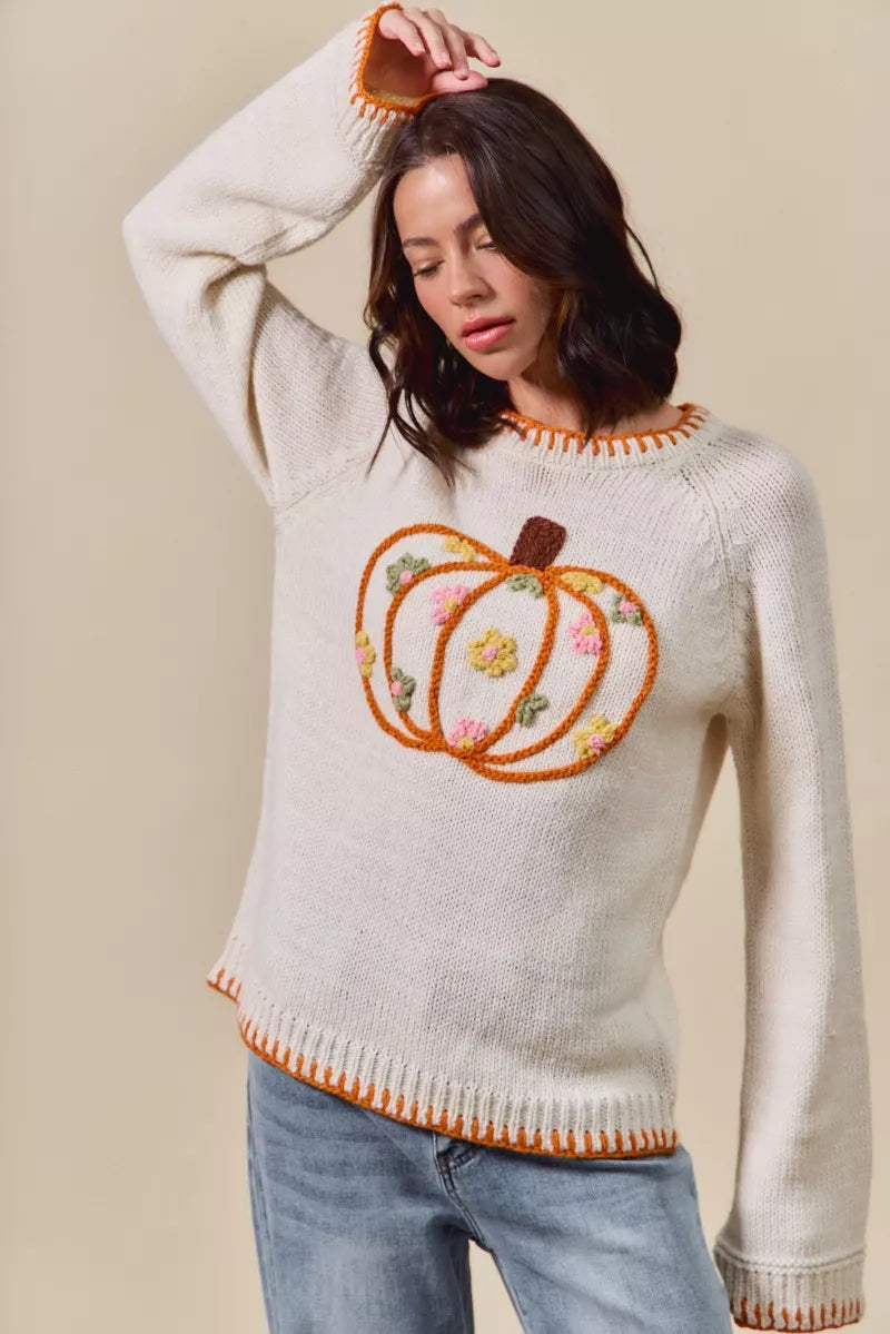 SO ME Pumpkin Floral Embroidered Thanksgiving Sweater OutfitFlow