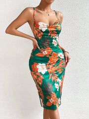 Crisscross Back Floral Print Bodycon Dress Green OutfitFlow