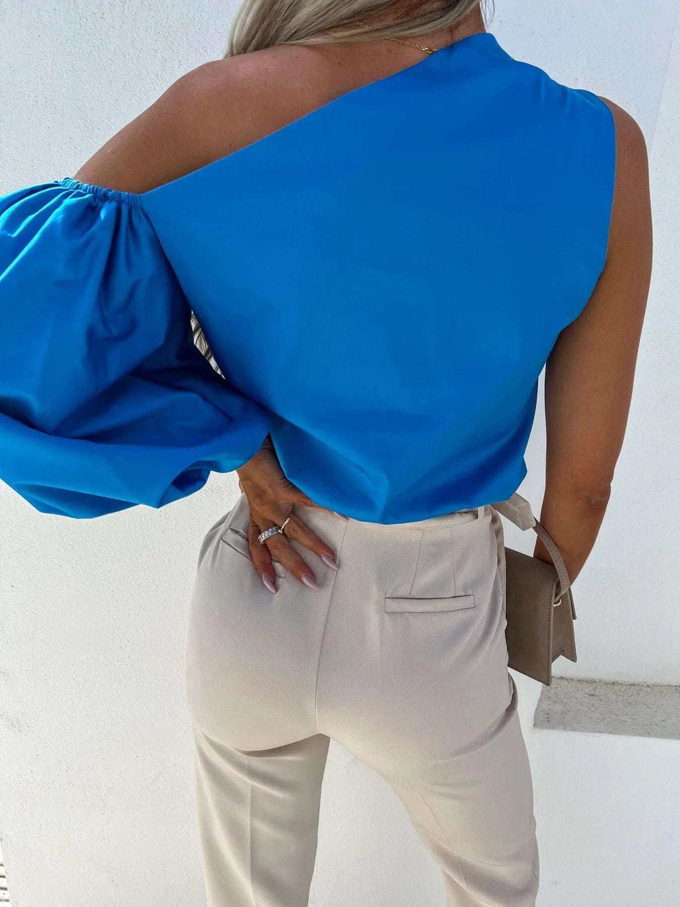 One Shoulder Puff Sleeve Blouse Blue OutfitFlow