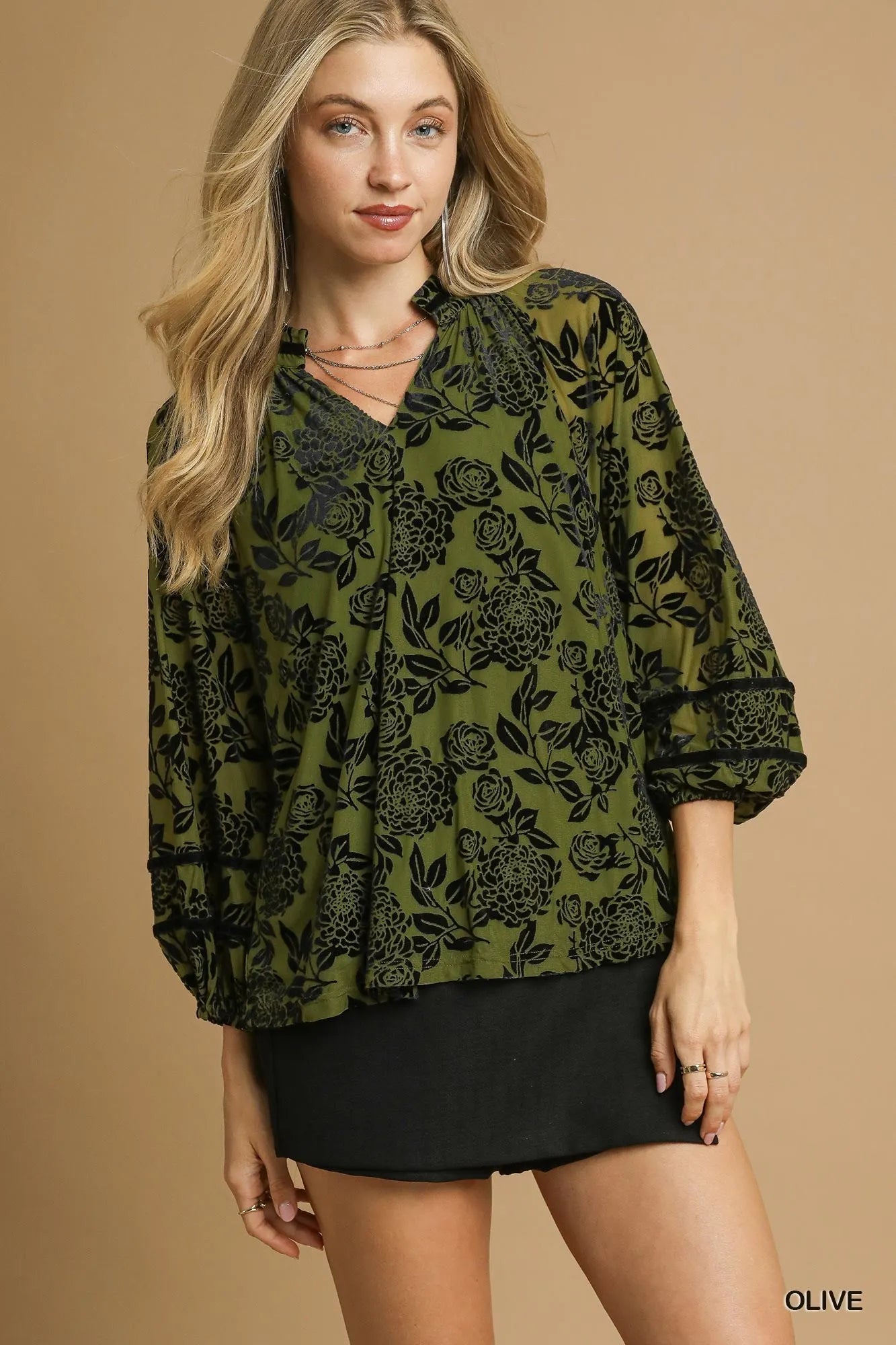 Umgee Full Size Floral Velvet Blouse with Balloon Sleeves Plus Size Olive Trendsi