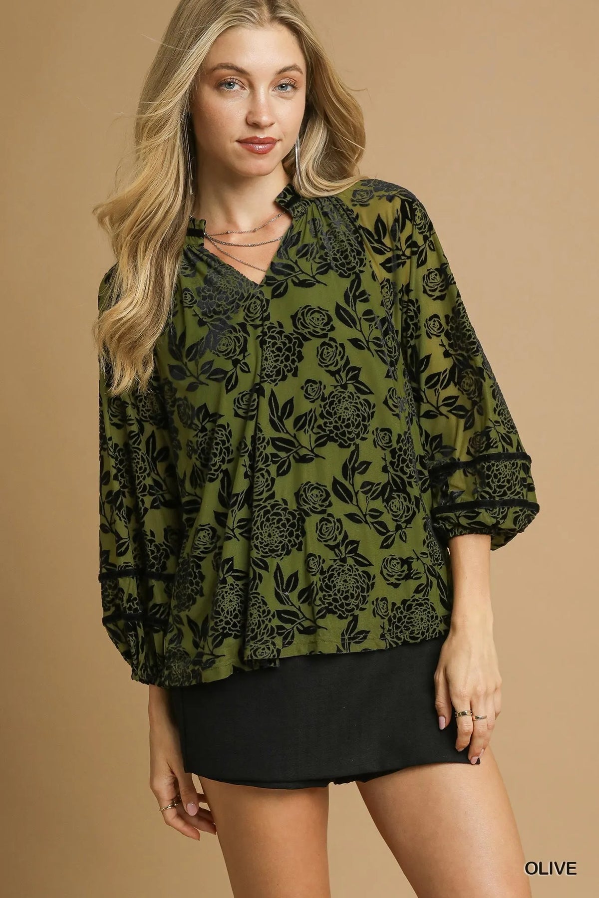 Umgee Full Size Floral Velvet Blouse with Balloon Sleeves Plus Size Olive Trendsi
