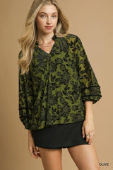 Umgee Full Size Floral Velvet Blouse with Balloon Sleeves Plus Size Olive Trendsi