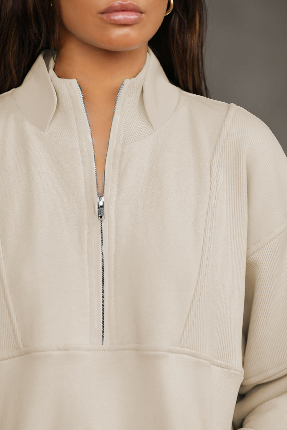 Half Zip Drop Shoulder Long Sleeve Sweatshirt OutfitFlow
