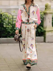 Printed Button Up Shirt and Pants Set Pink OutfitFlow