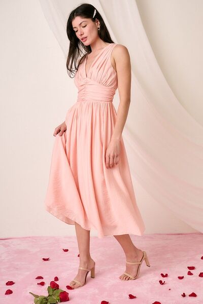 Mittoshop Ruched V-Neck Sleeveless Midi Dress OutfitFlow