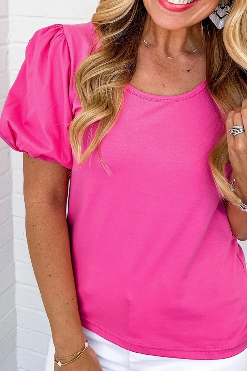 Casual Round Neck Bubble Sleeve T-Shirt OutfitFlow