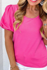 Casual Round Neck Bubble Sleeve T-Shirt OutfitFlow