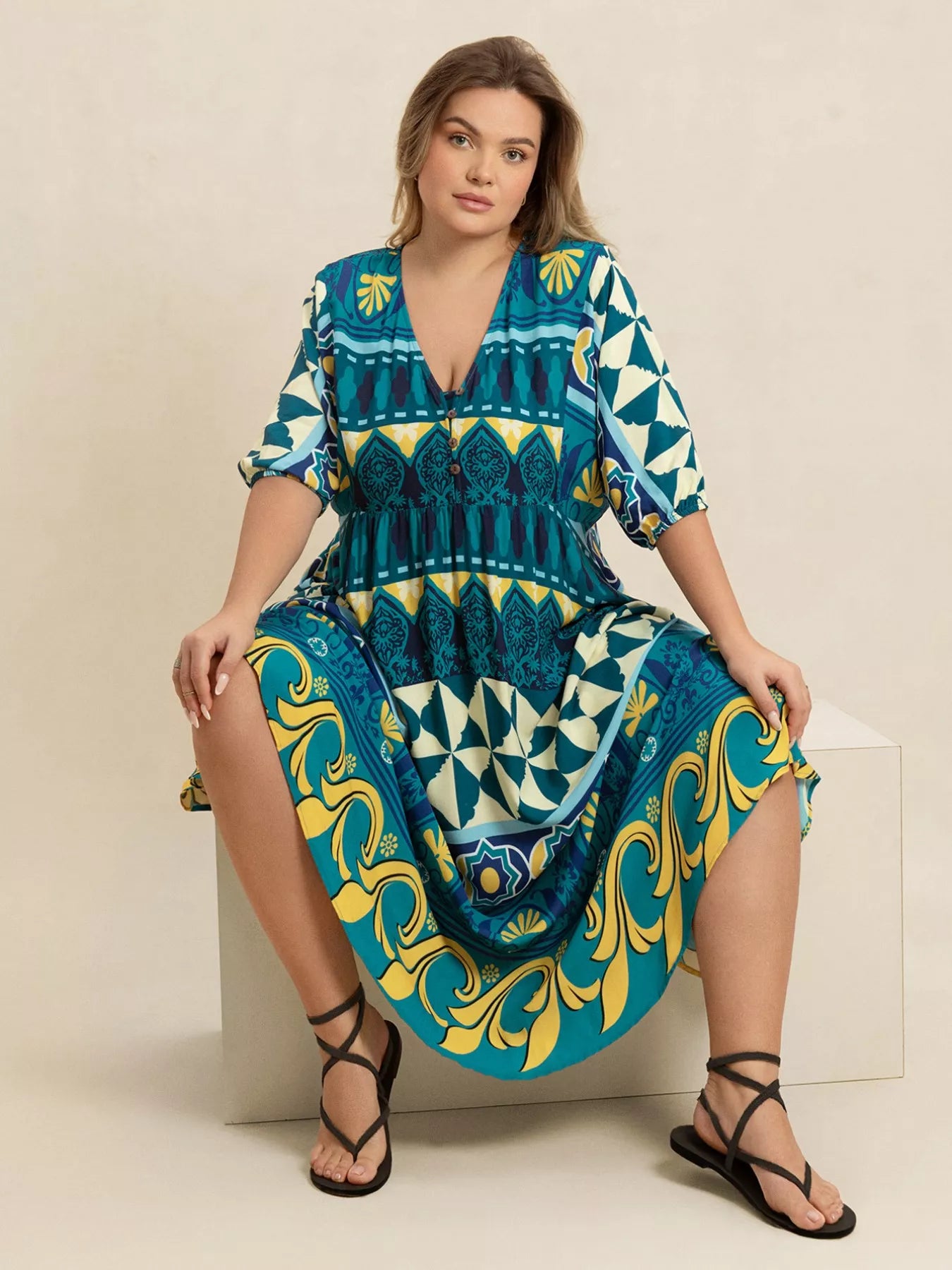 Plus Size Printed V-Neck Half Sleeve Midi Dress OutfitFlow