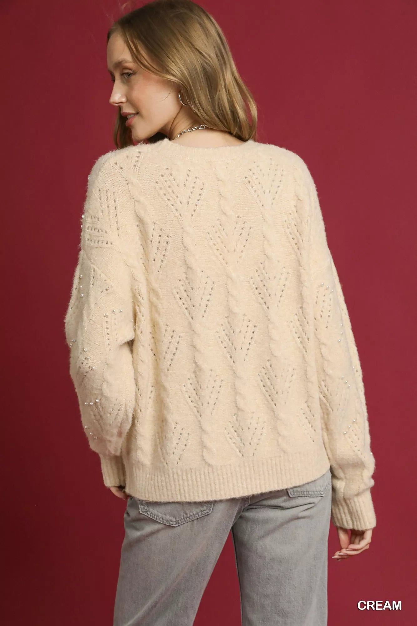 Umgee Pearl-Embellished Long Sleeve Sweater Trendsi