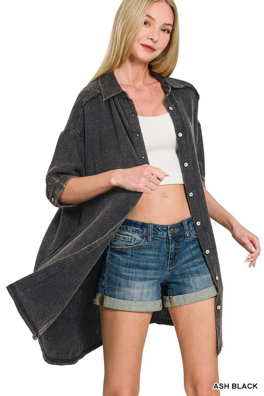 Zenana Washed Double Gauze Button Down Shirt Dress OutfitFlow