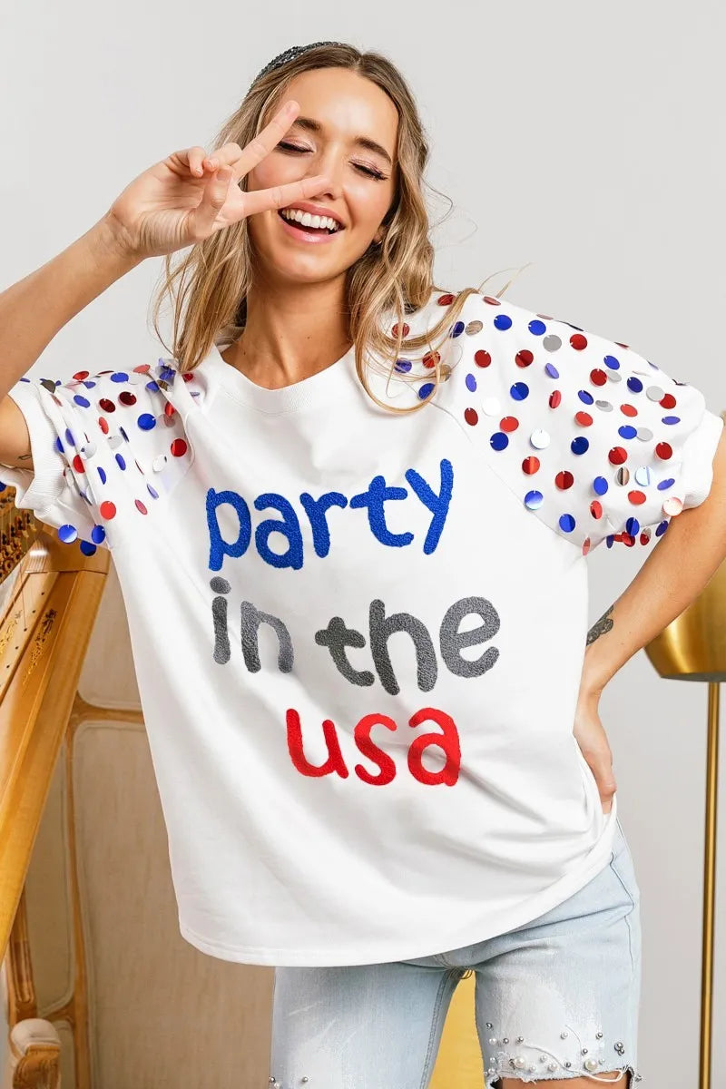BiBi Party In The Usa Spangle Puff Sleeves Top OutfitFlow