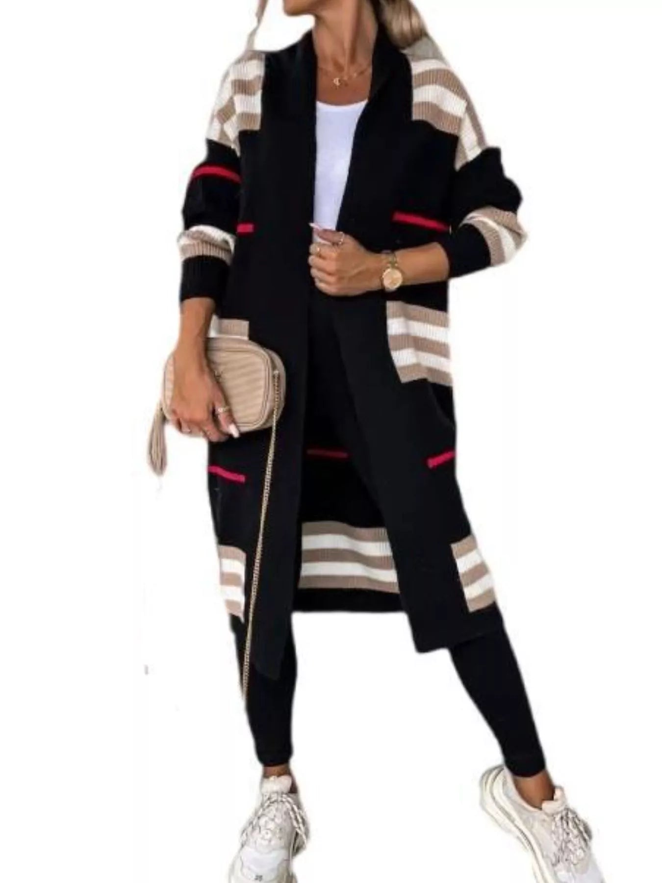 Striped Longline Open Front Cardigan Black OutfitFlow