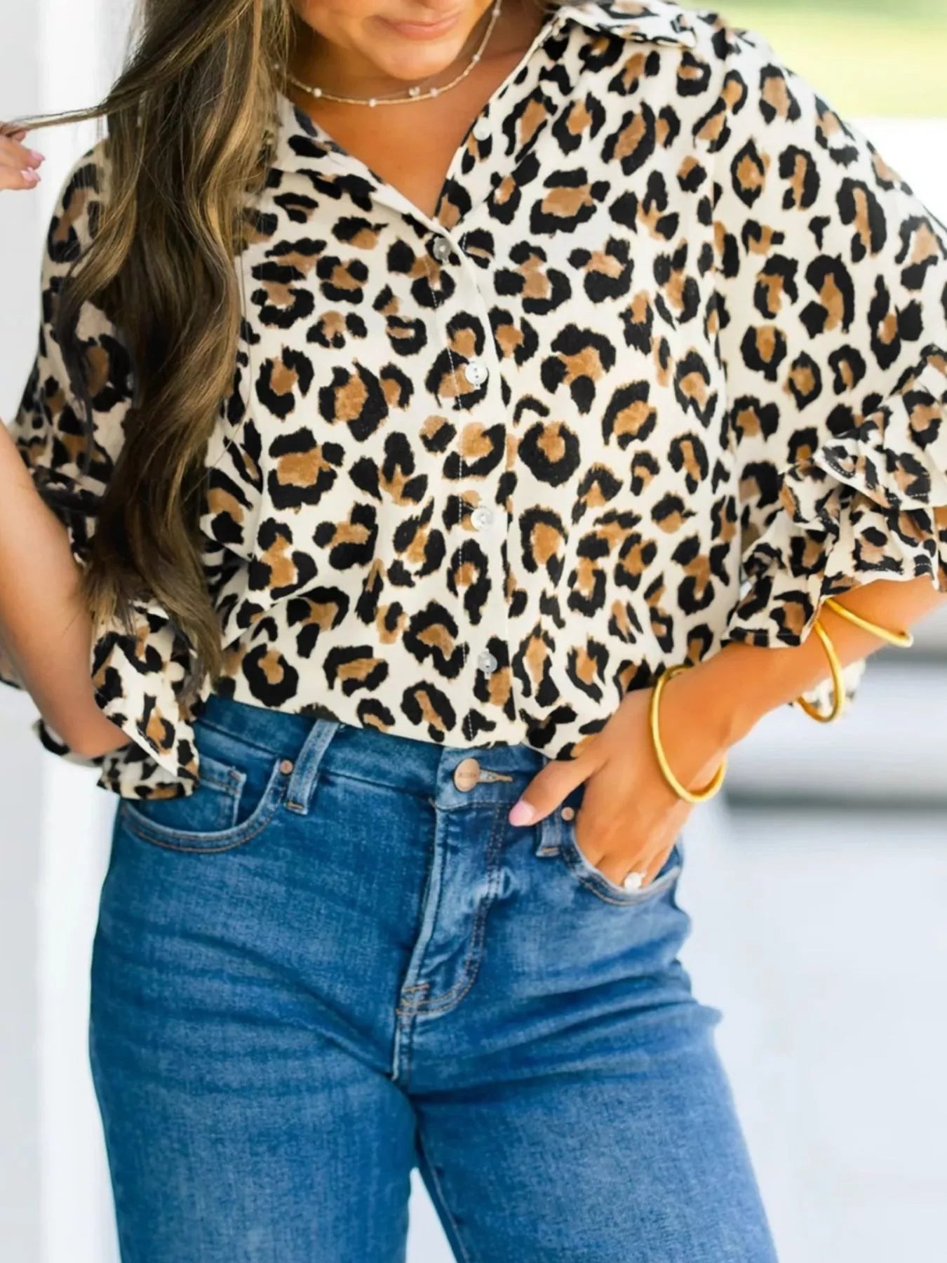 Leopard Print Ruffle Trim 3/4 Sleeve Loose Shirt Trendsi