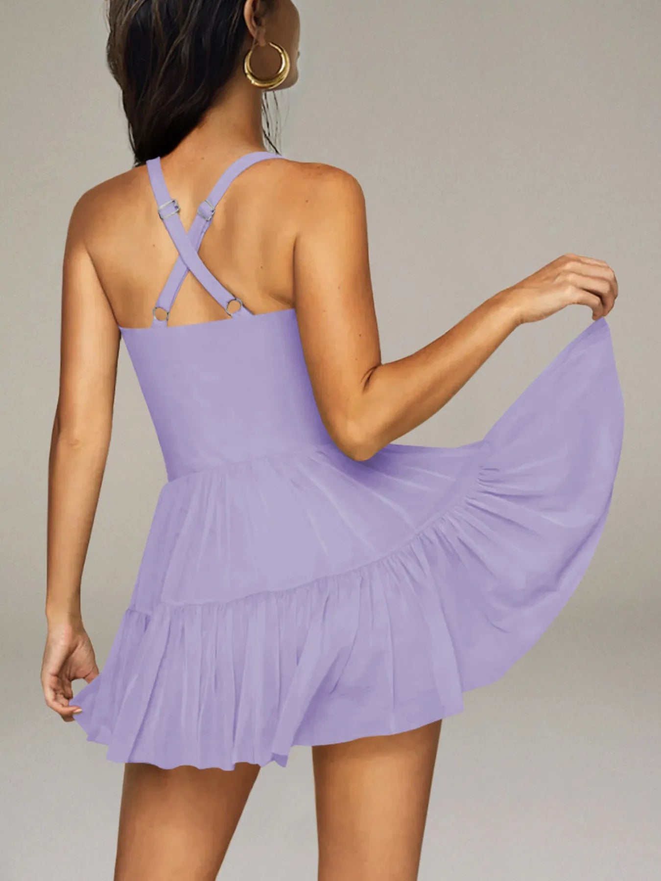 Crisscross Back Square Neck Mini Dress OutfitFlow