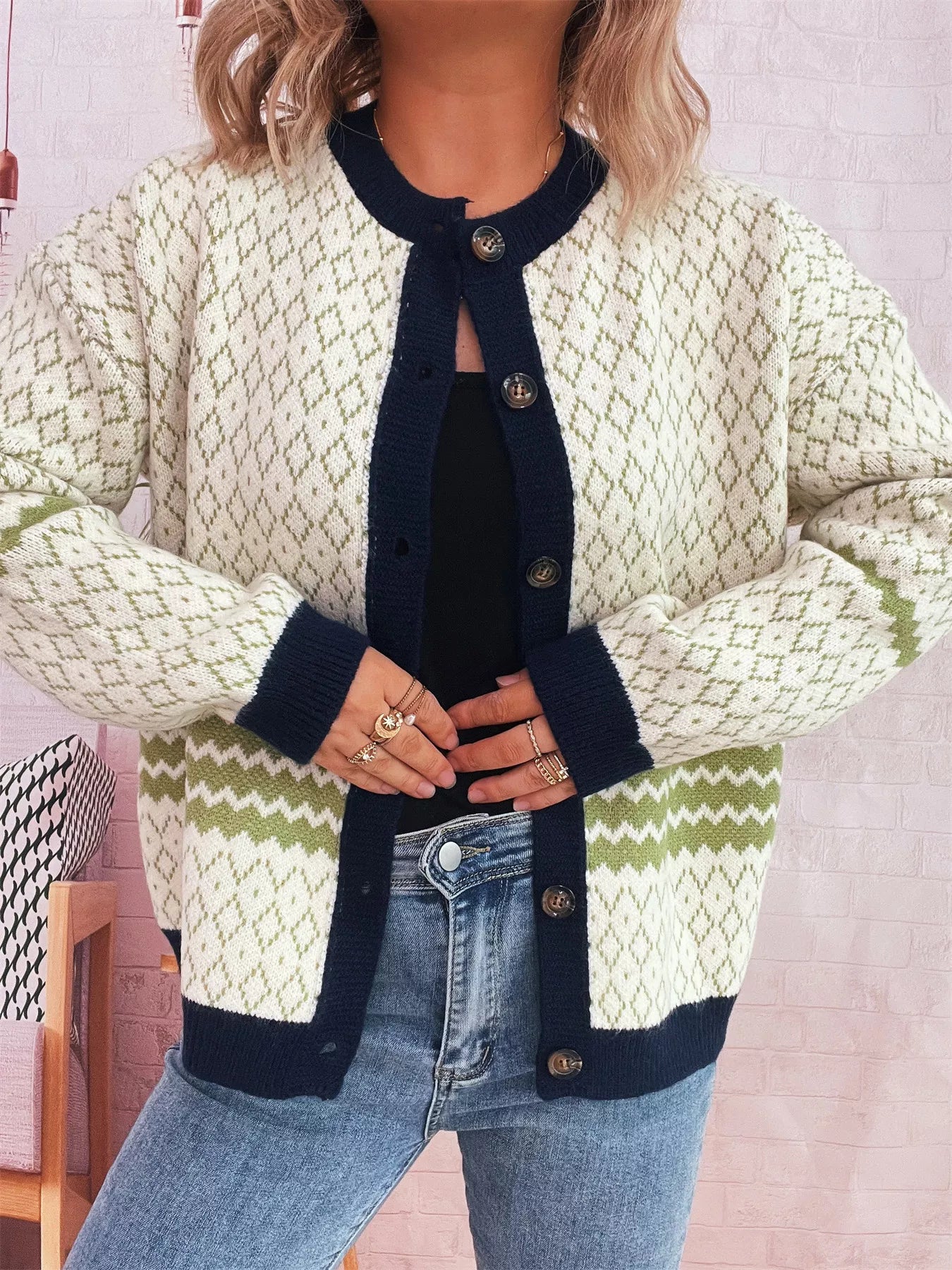 Geometric Pattern Button Up Cardigan OutfitFlow