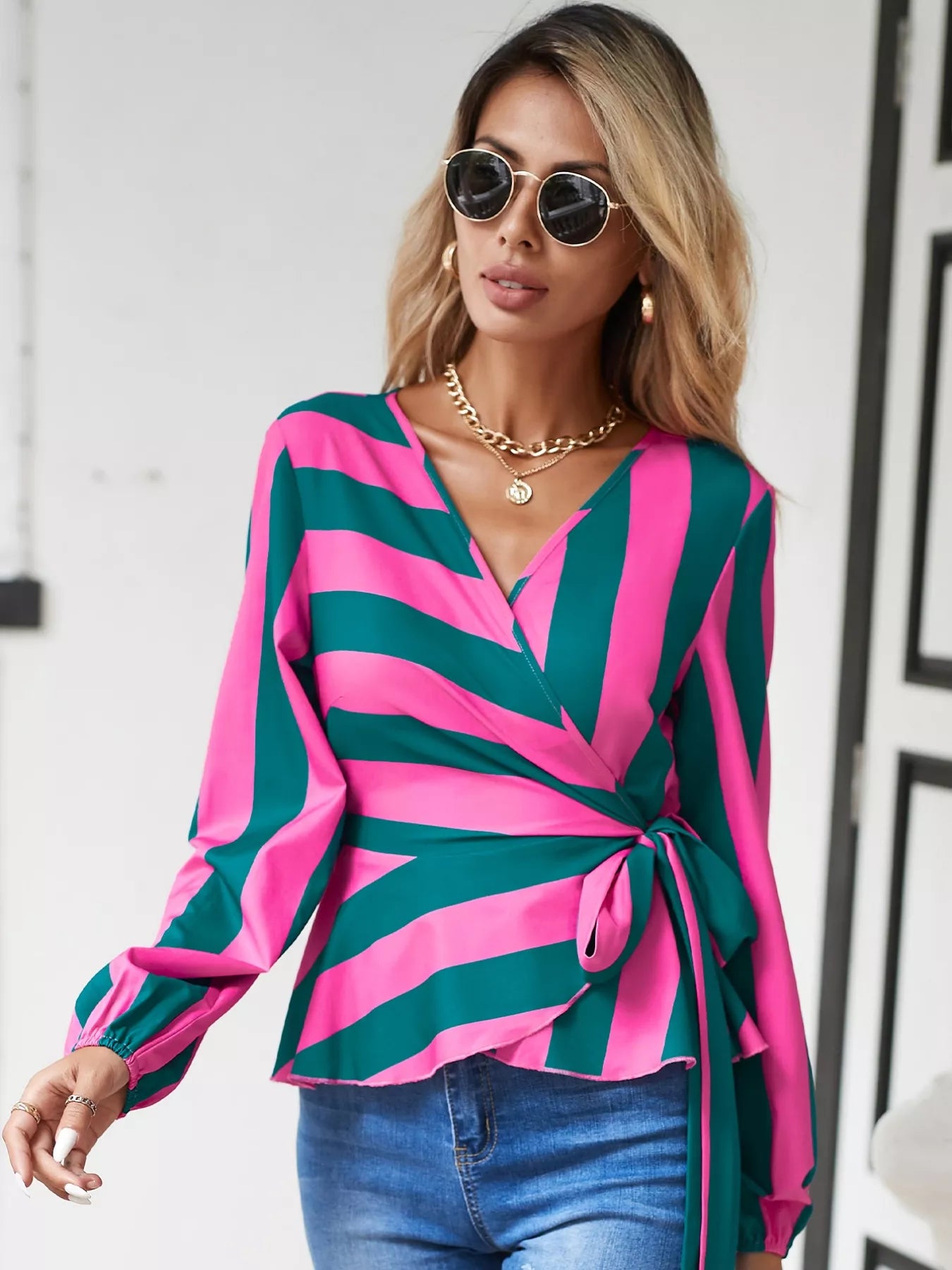 Striped Wrap Blouse with Tie Detail OutfitFlow