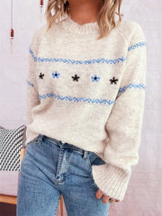 Ribbed Hem Flower Long Sleeve Sweater OutfitFlow