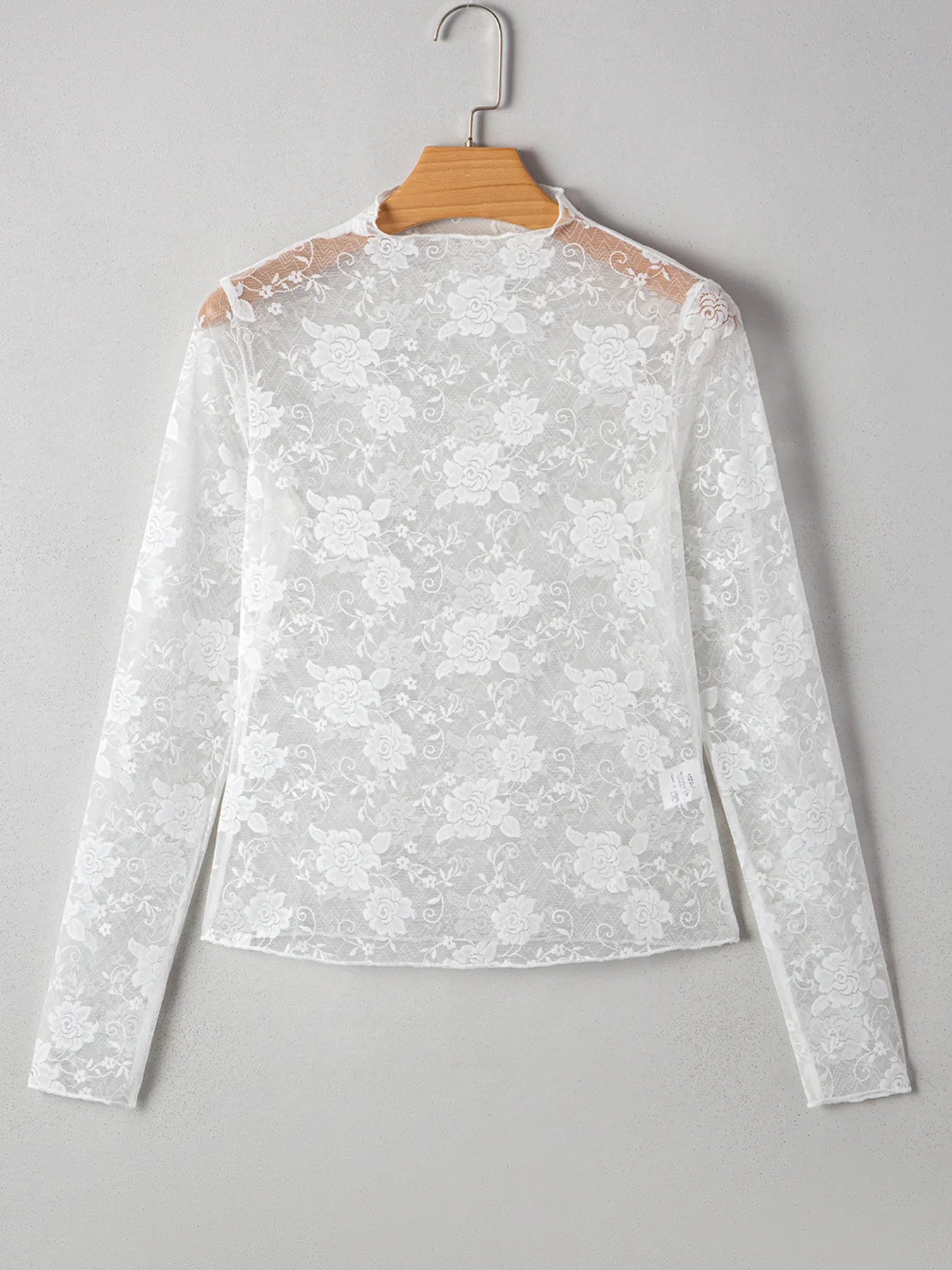 Sheer Floral Lace Mesh Mock Neck Long Sleeve Top OutfitFlow
