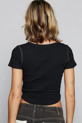 POL Contrast Stitching Round Neck Crop T-Shirt OutfitFlow