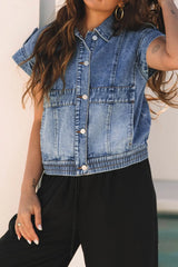 Button Up Cap Sleeve Denim Jacket OutfitFlow