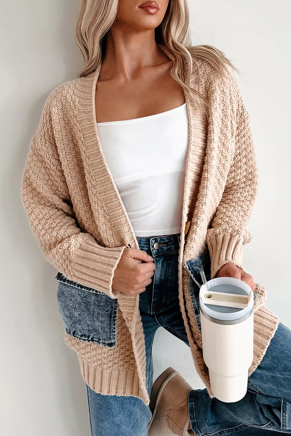 Textured Knit Open-Front Cardigan Eggshell OutfitFlow