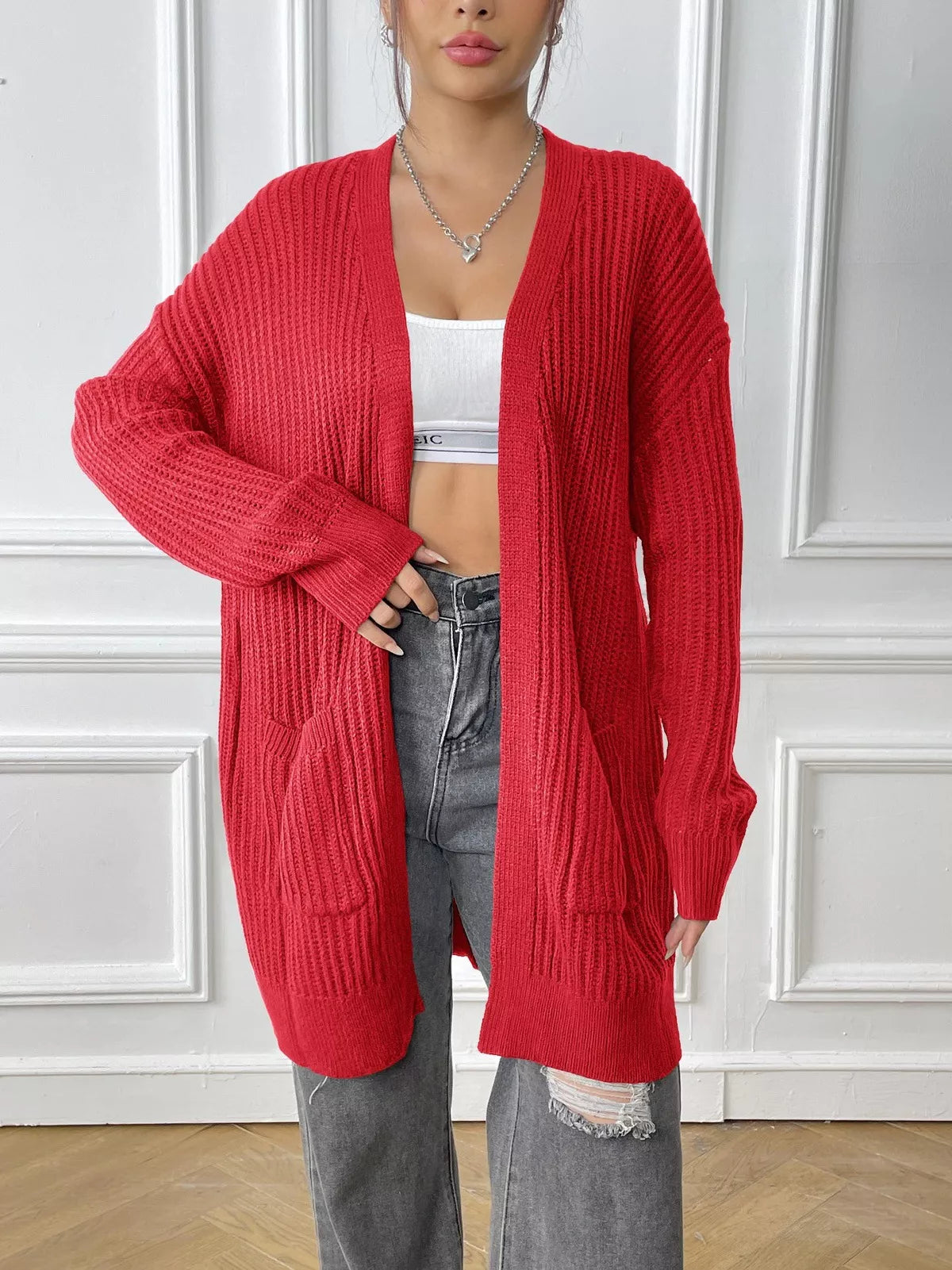 Open Front Drop Shoulder Cardigan OutfitFlow