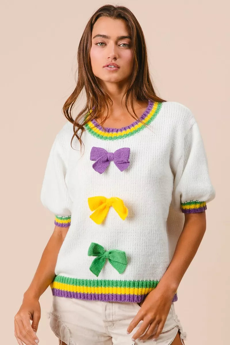 BiBi Short Puff Sleeve Ribbon Bow Mardi Gras Sweater OutfitFlow