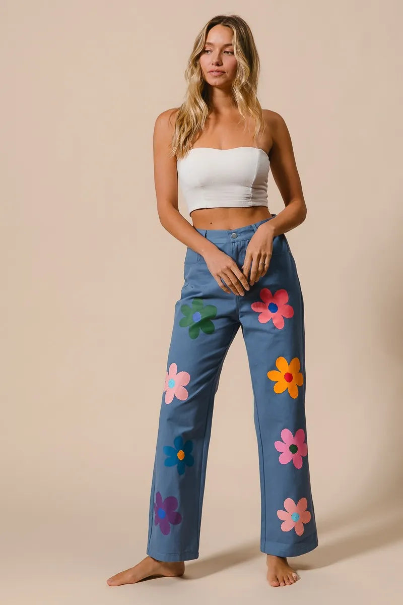 BiBi Flower Print Straight Legs Pants OutfitFlow