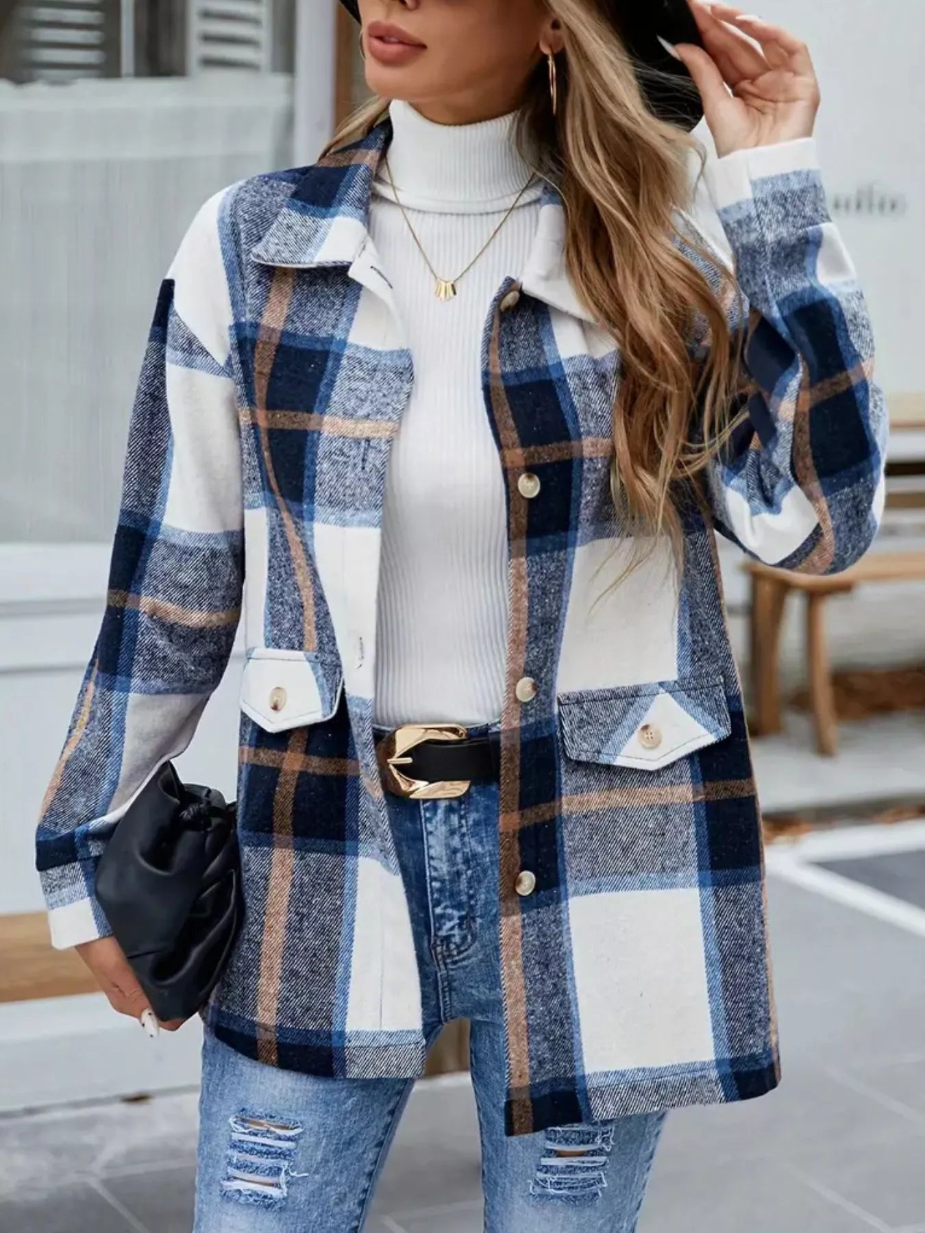 Plaid Button-Up Long Sleeve Shacket OutfitFlow