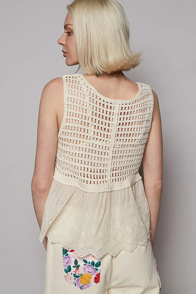 POL Embroidered Detail V-Neck Eyelet Peplum Tank OutfitFlow
