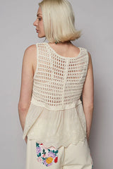 POL Embroidered Detail V-Neck Eyelet Peplum Tank OutfitFlow