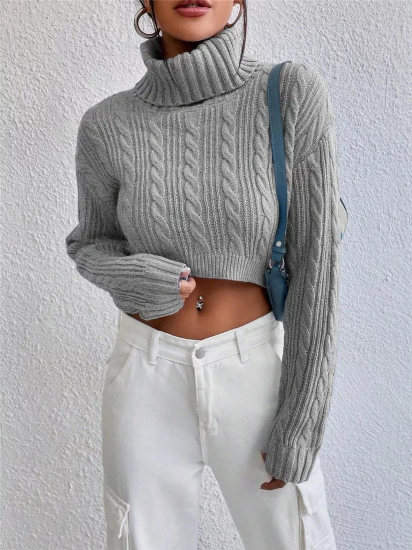 Cable-Knit Turtleneck Long Sleeve Sweater OutfitFlow