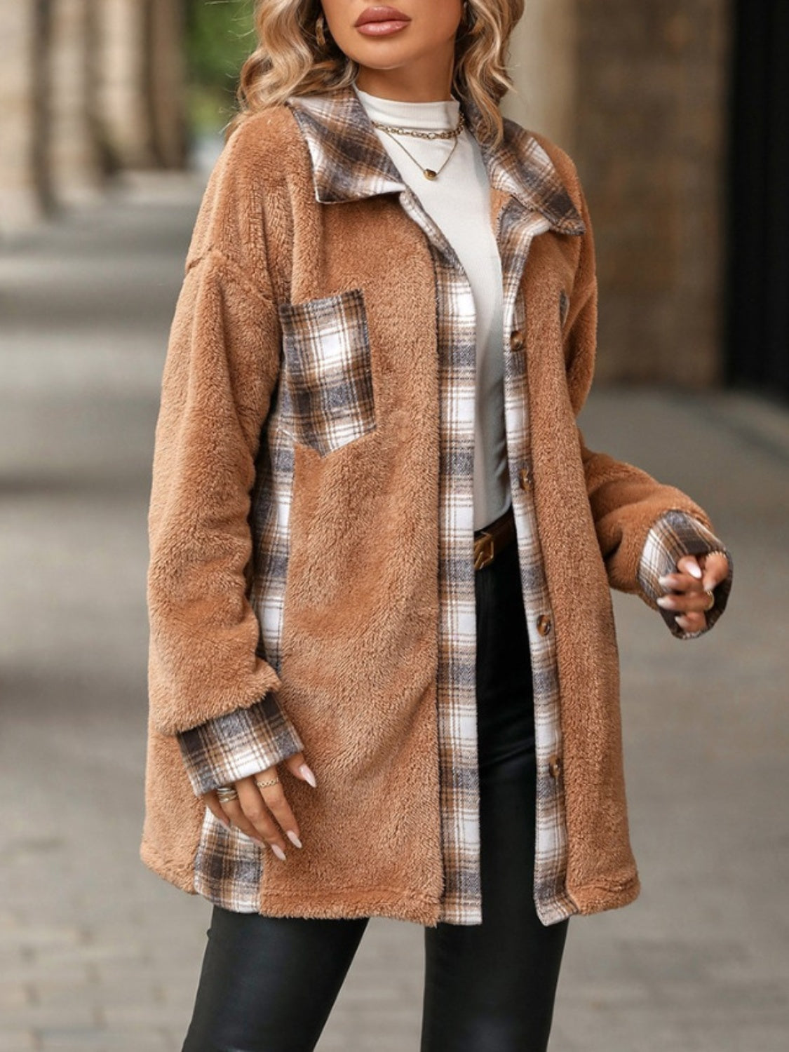 Plaid Button Up Long Sleeve Fuzzy Outerwear