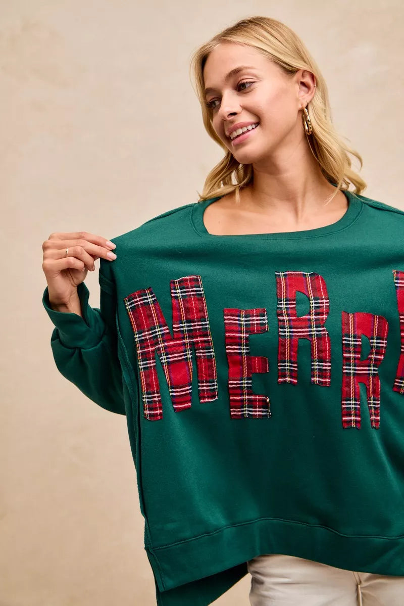 BiBi Christmas Plaid Merry Lettering Fleece Sweatshirt OutfitFlow