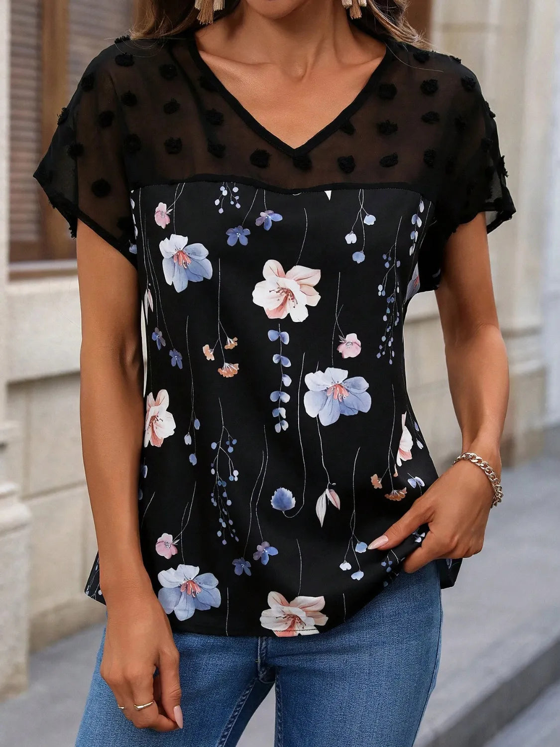 Floral Print V-Neck Flutter Sleeve Casual Top OutfitFlow