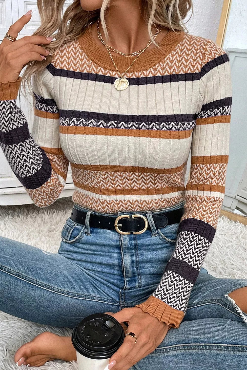 Stripe Stylish Pattern Knitted Ribbed Trim Slim Sweater OutfitFlow