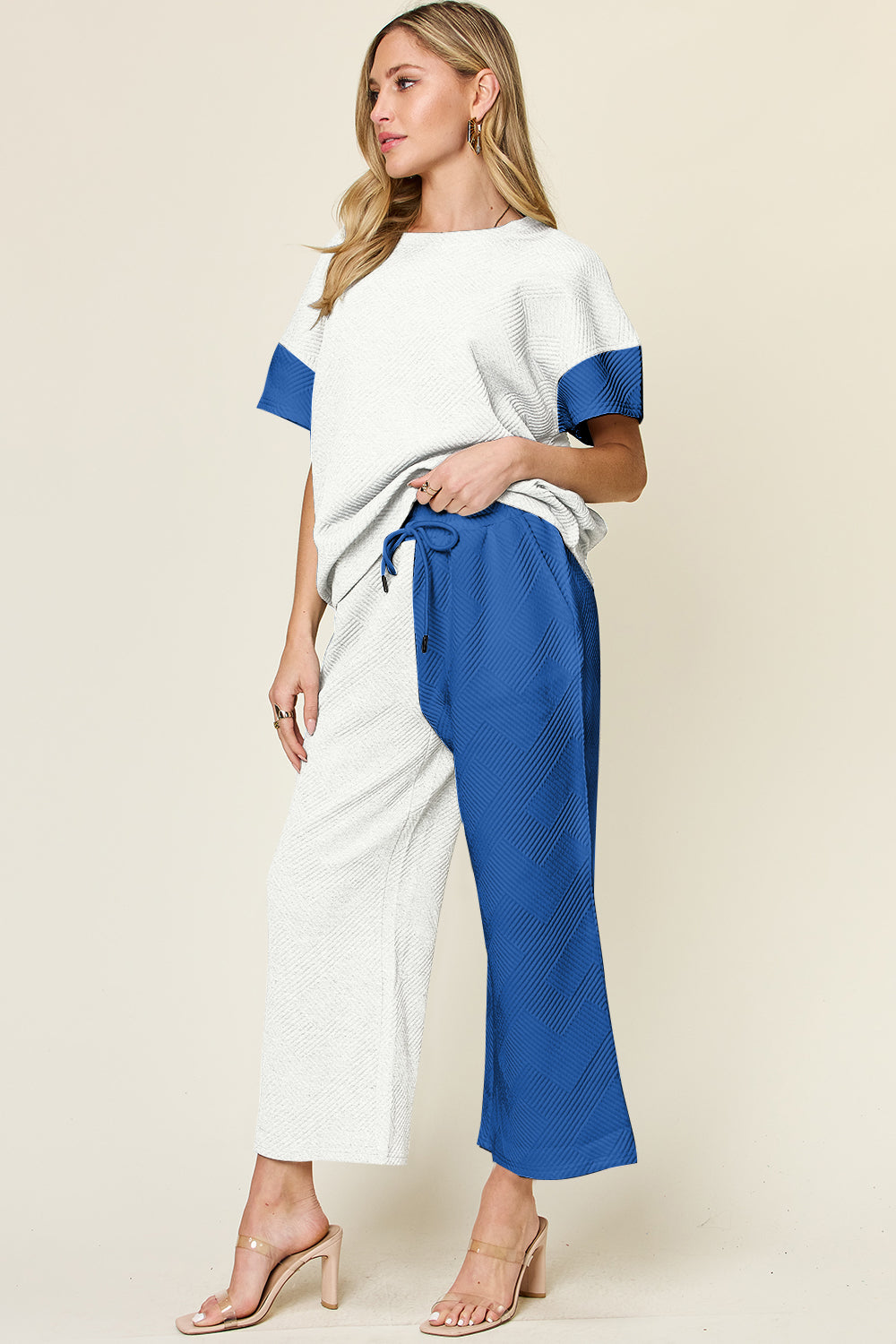 Outfit Flow - Double Take Full Size Texture Contrast T-Shirt and Wide Leg Pants Set