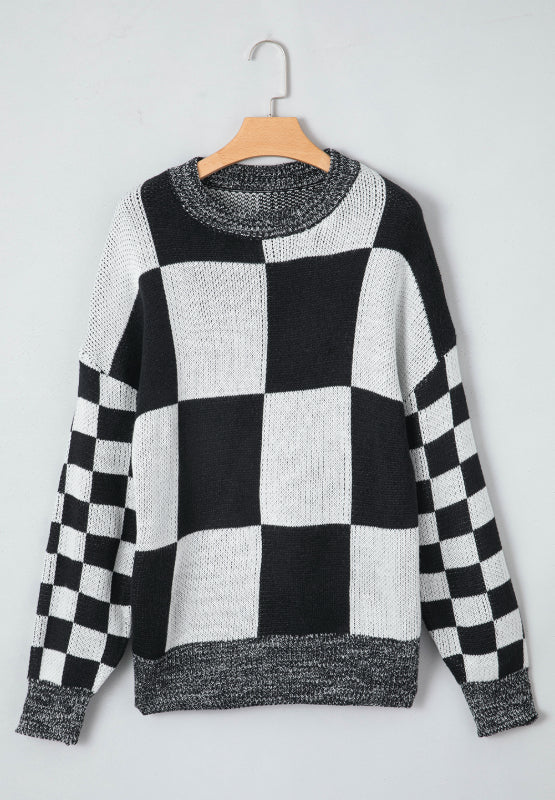 Outfit Flow - Checkered Round Neck Drop Shoulder Sweater