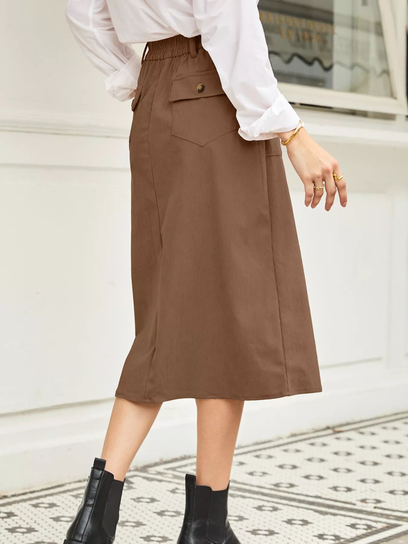 Front Slit Shift High Waist Midi Skirt OutfitFlow
