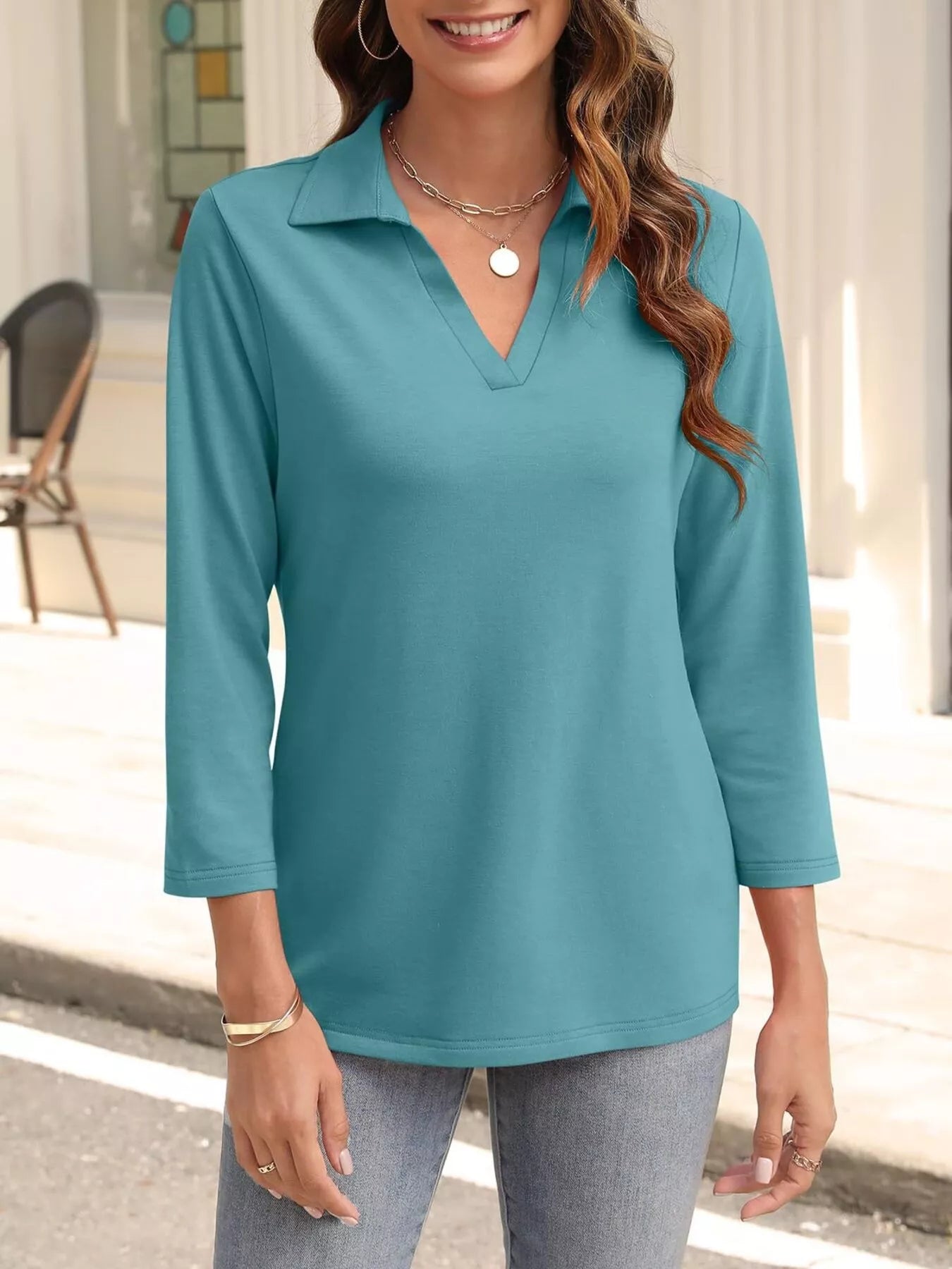 Johnny Collar Solid Color Top Air Force Blue OutfitFlow