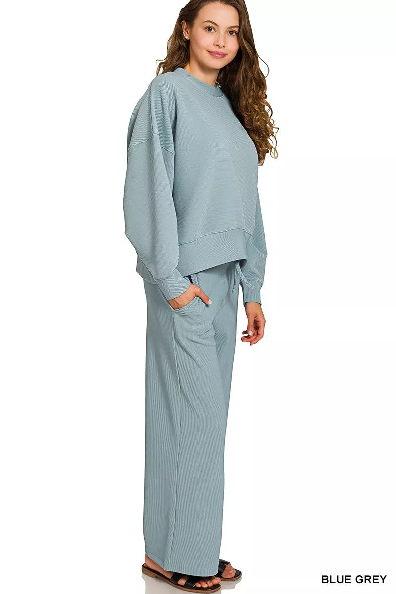 Zenana Ribbed Round Neck Pullover and Drawstring Pants Set OutfitFlow